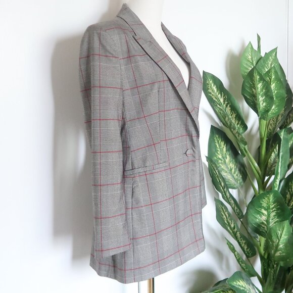 Zara Gray Plaid Checkered Single-breasted Blazer Red Windowpane Classic Office M - Picture 6 of 14